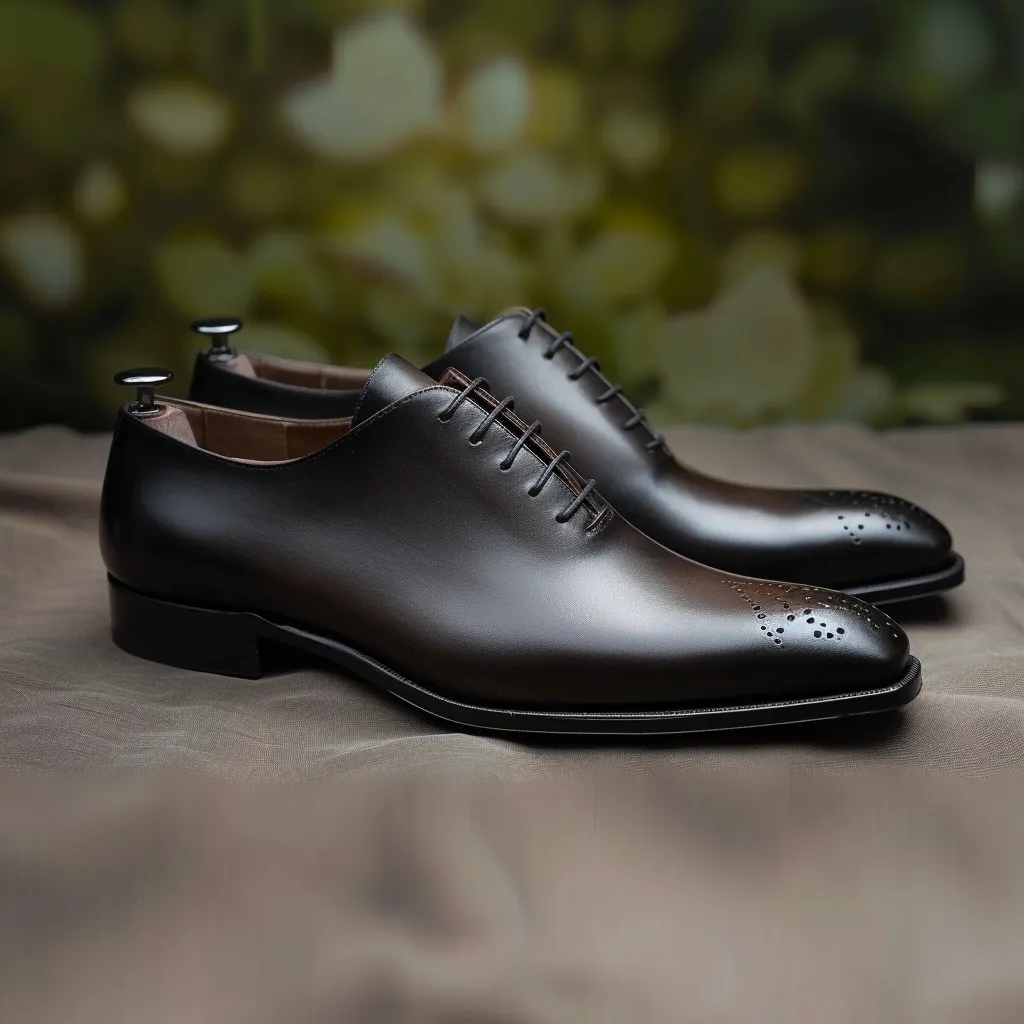Black Leather Pointed Toe Cap Lace-Up Sandstone Stride Oxford Shoe - Summer 2024 Collection