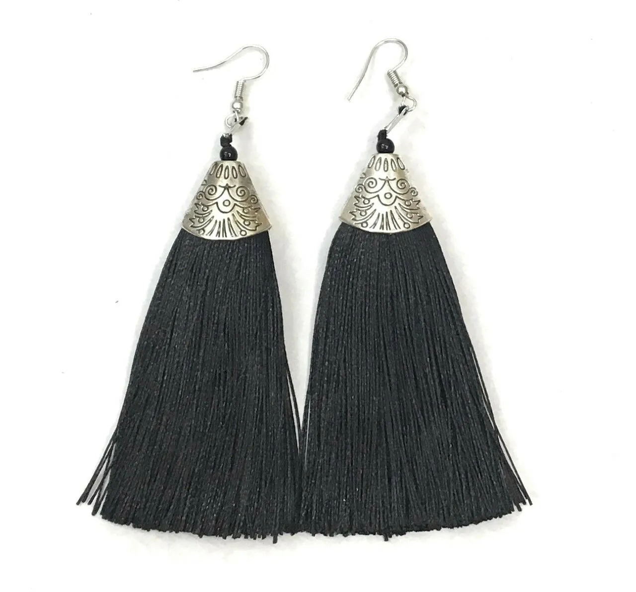 Black Long Funky Tassel Chandelier Silver Dangle Party Earrings - Pierced or Clip On