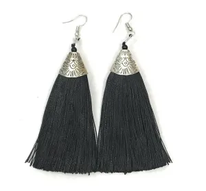 Black Long Funky Tassel Chandelier Silver Dangle Party Earrings - Pierced or Clip On