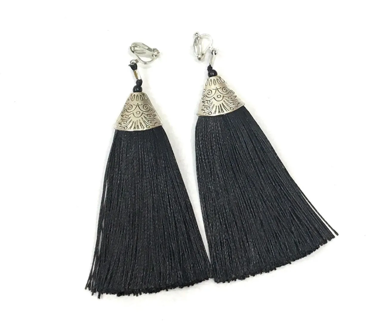 Black Long Funky Tassel Chandelier Silver Dangle Party Earrings - Pierced or Clip On