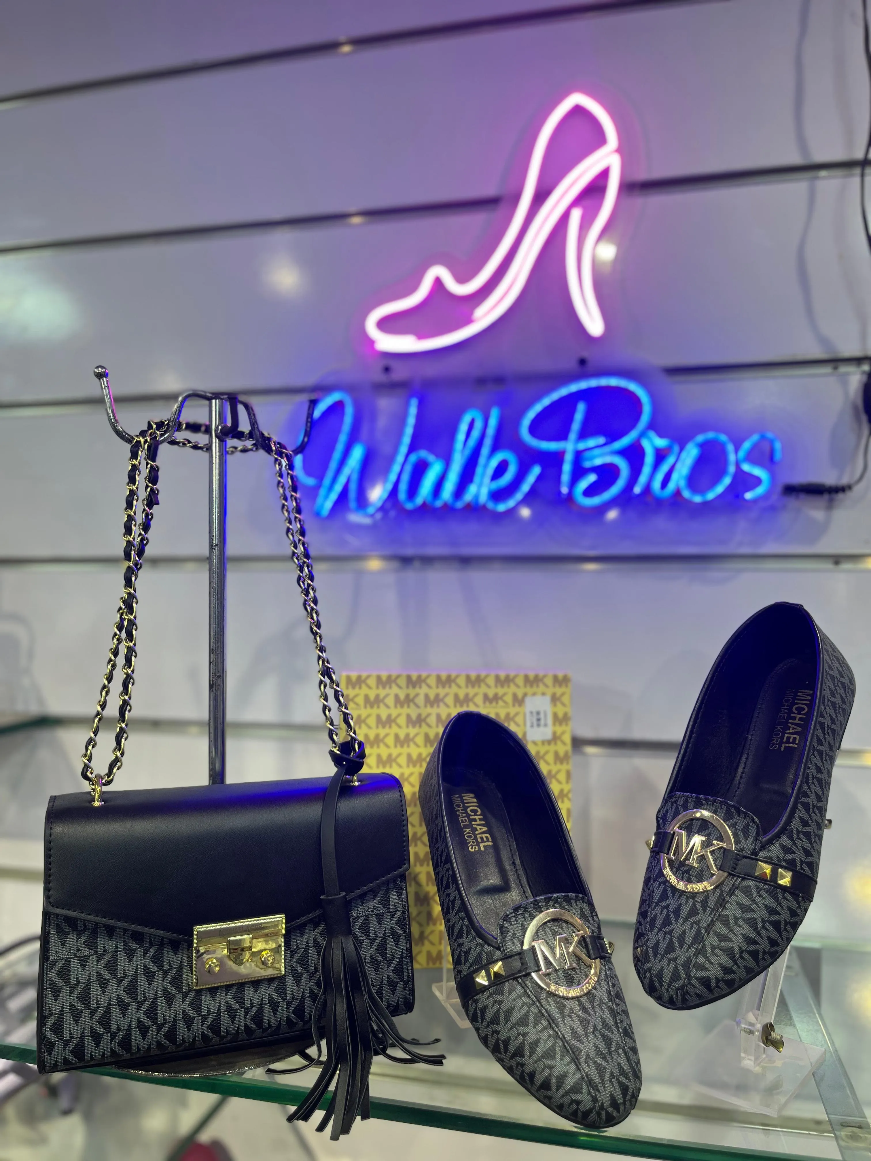 COMBO DEAL OF MK MICHAEL KORS ROSE MEDIUM  LOGO SHOULDER BAG AND FLAT PUMPS -  BLACK