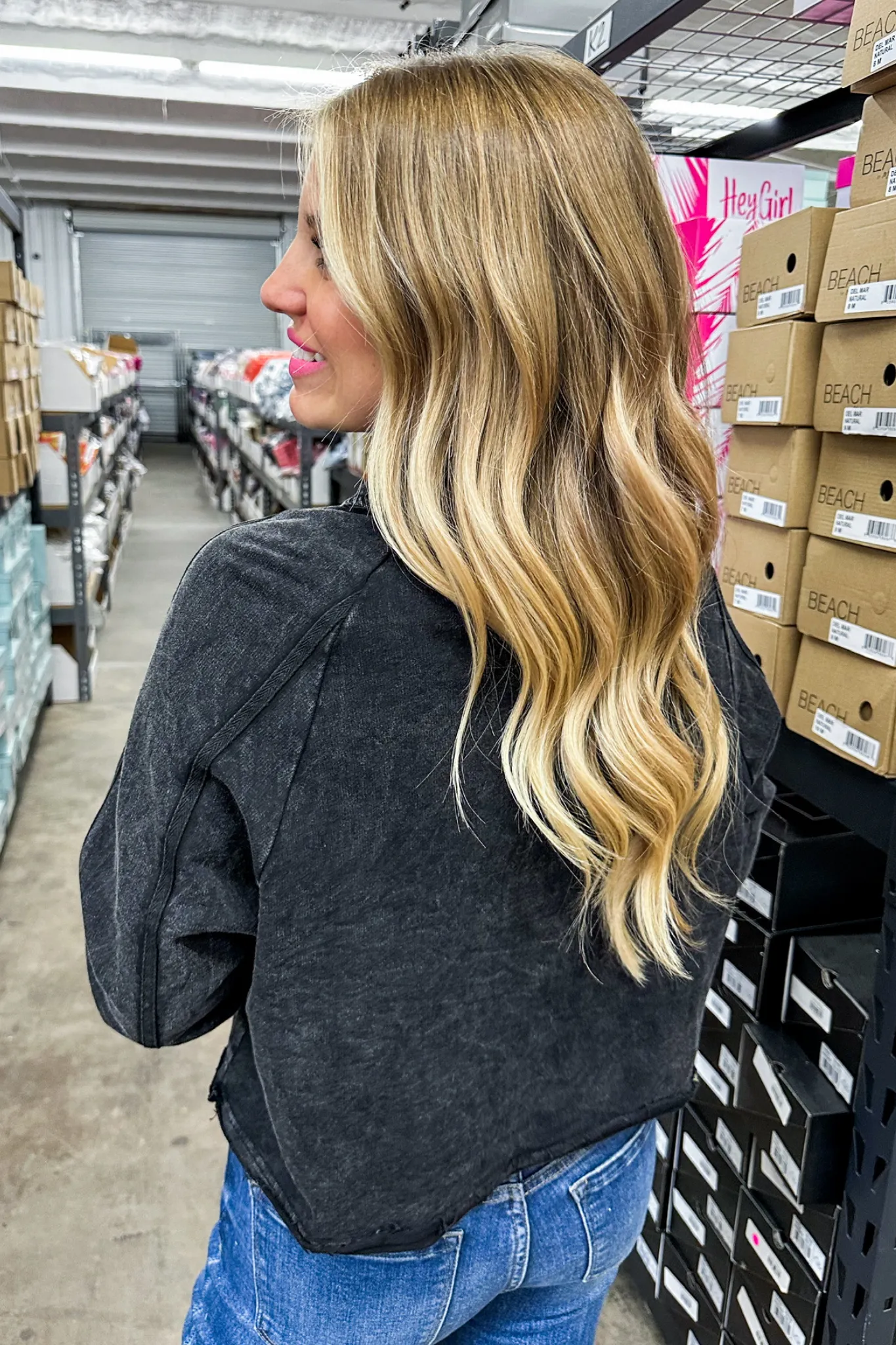 Cropped Acid Wash Button Up Top in Black