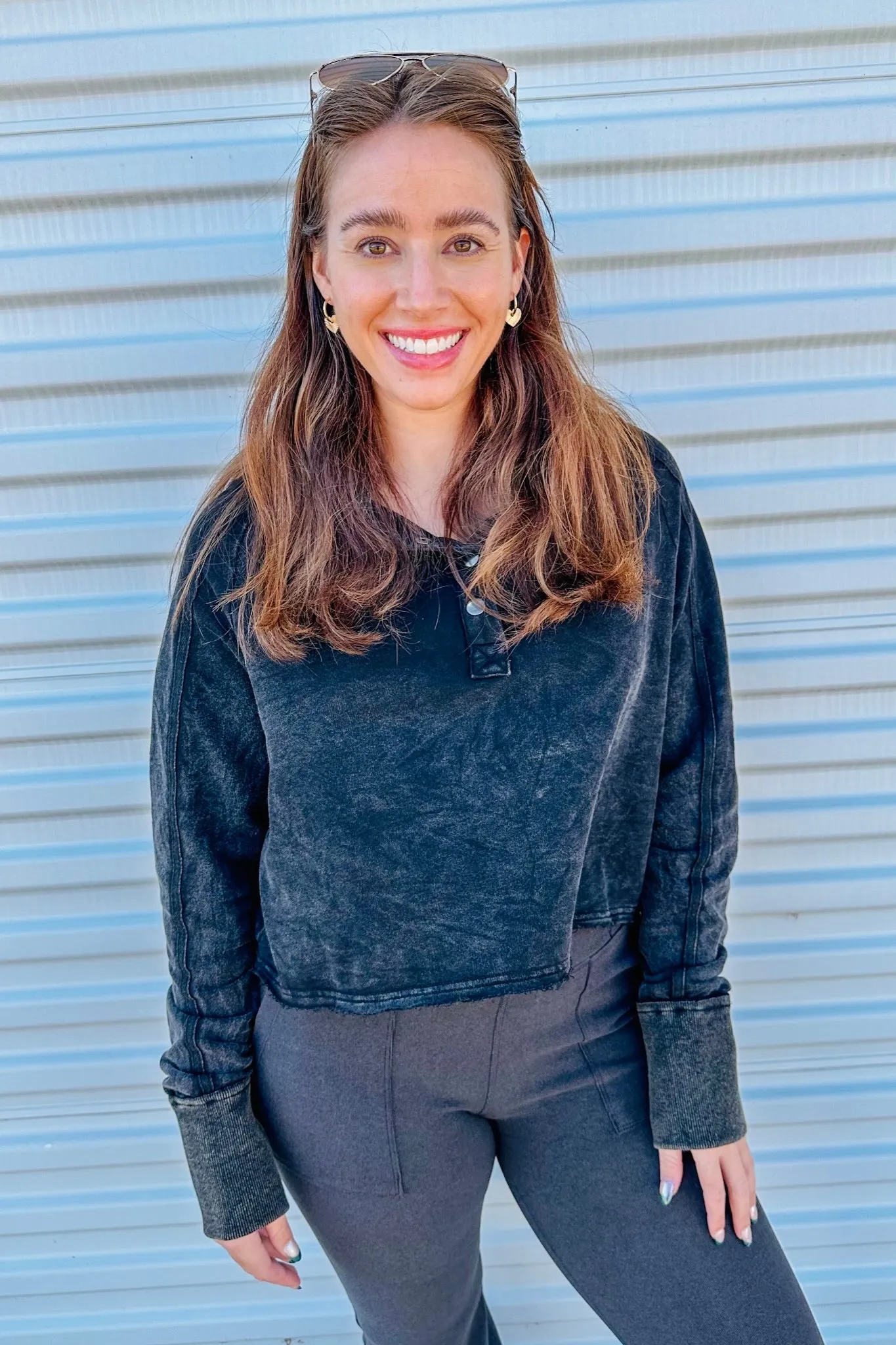 Cropped Acid Wash Button Up Top in Black