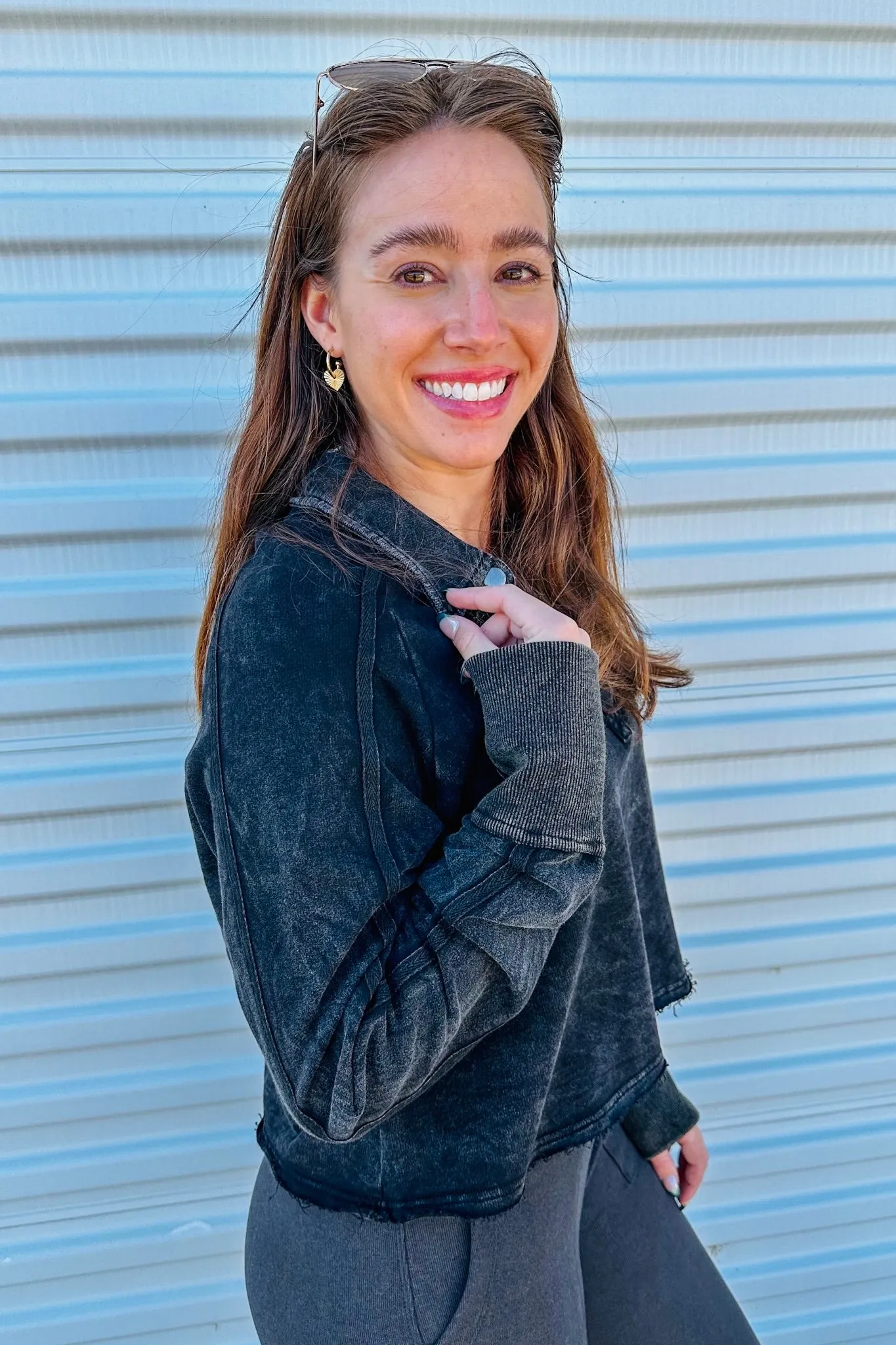 Cropped Acid Wash Button Up Top in Black