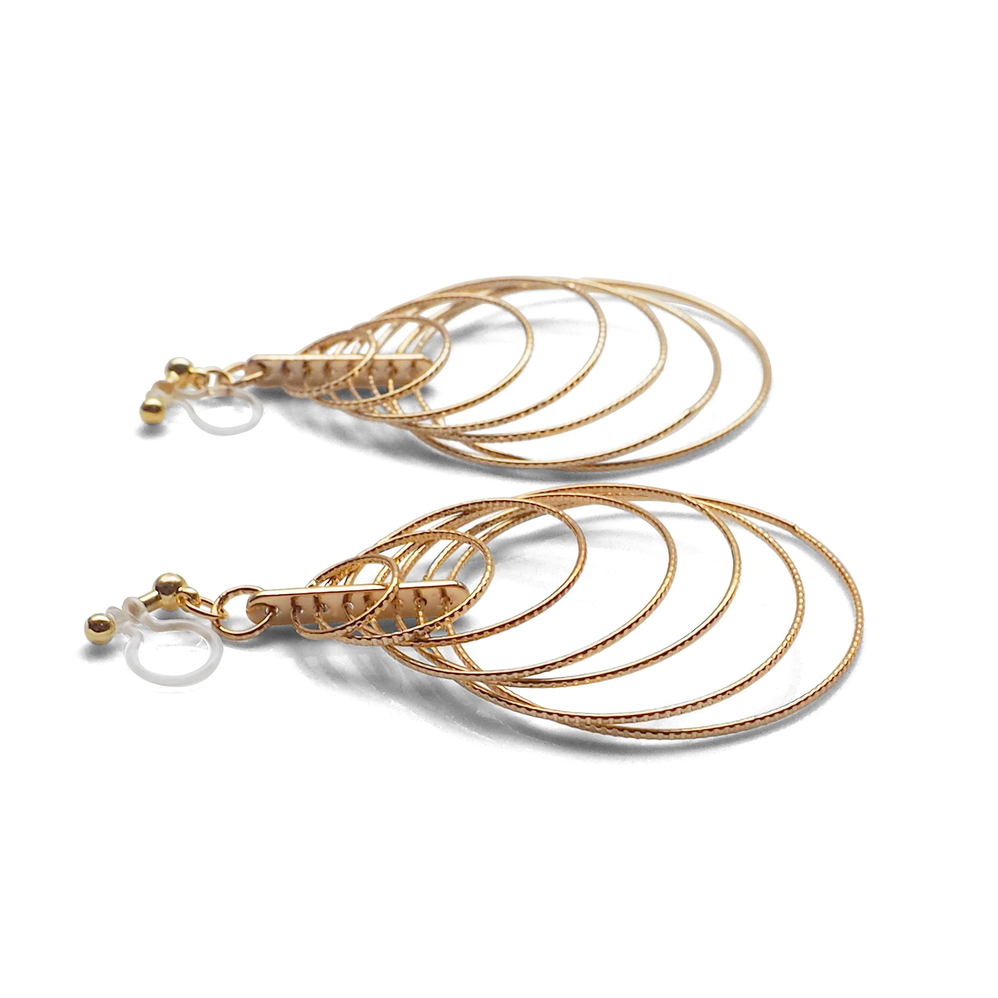 Dangle Gold Gradated Hoop Invisible Clip on Earrings
