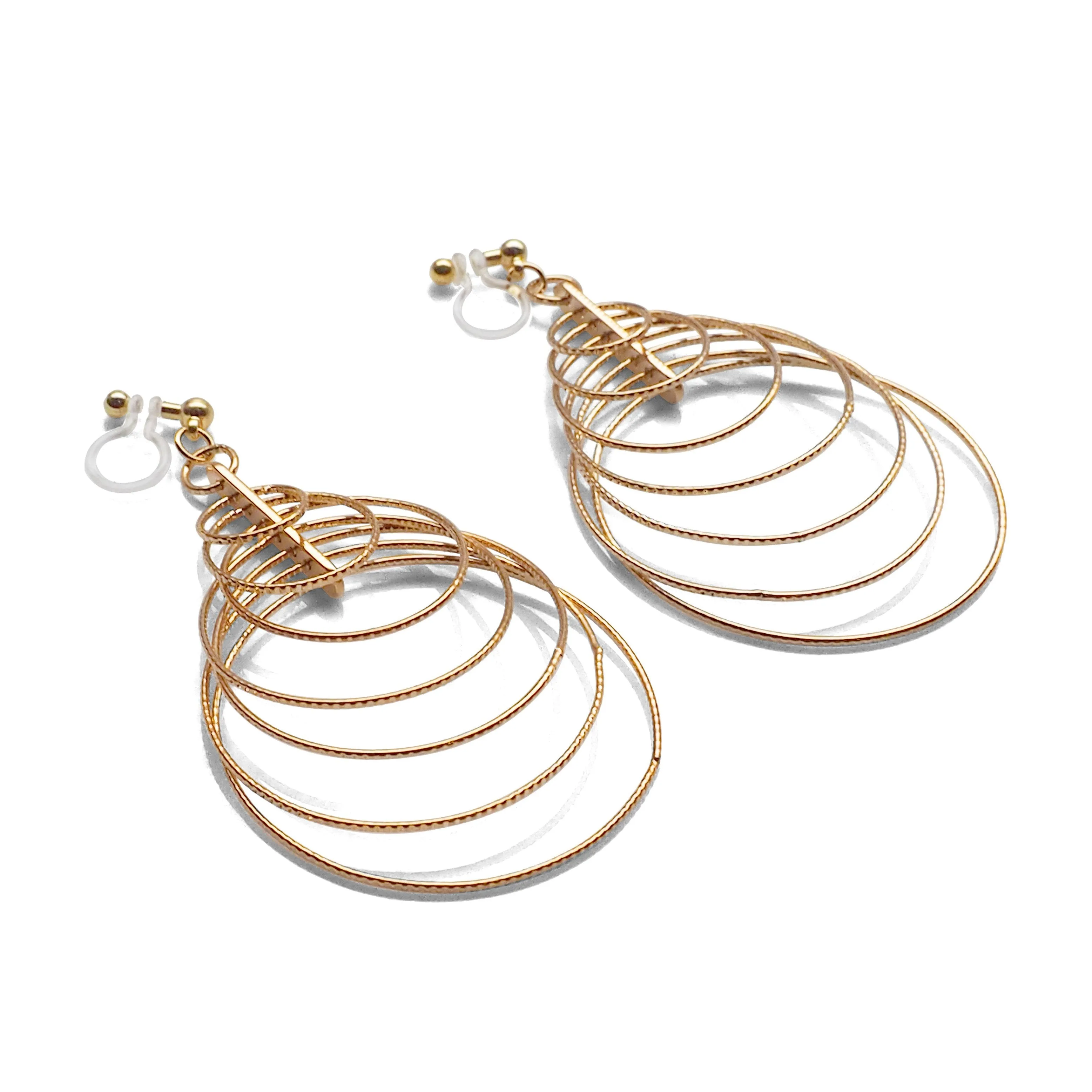 Dangle Gold Gradated Hoop Invisible Clip on Earrings