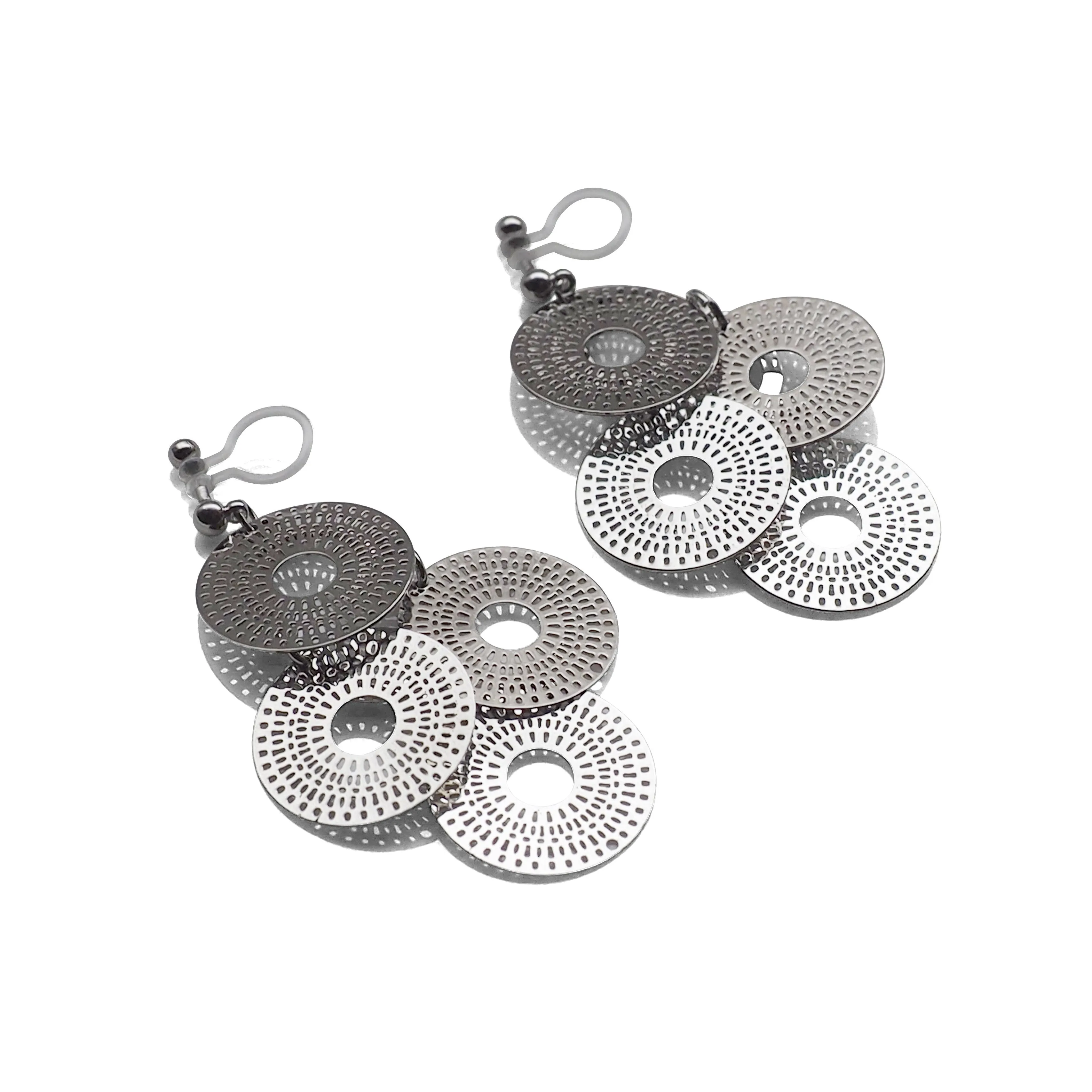 Dangle silver circle filigree invisible clip on earrings