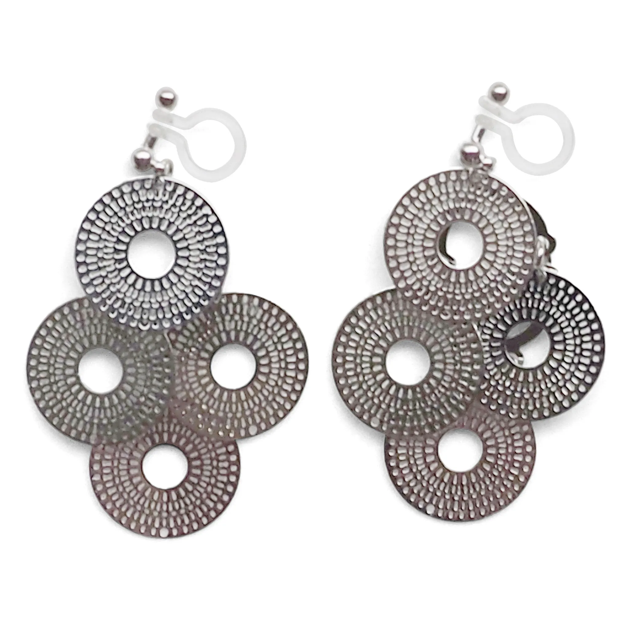 Dangle silver circle filigree invisible clip on earrings