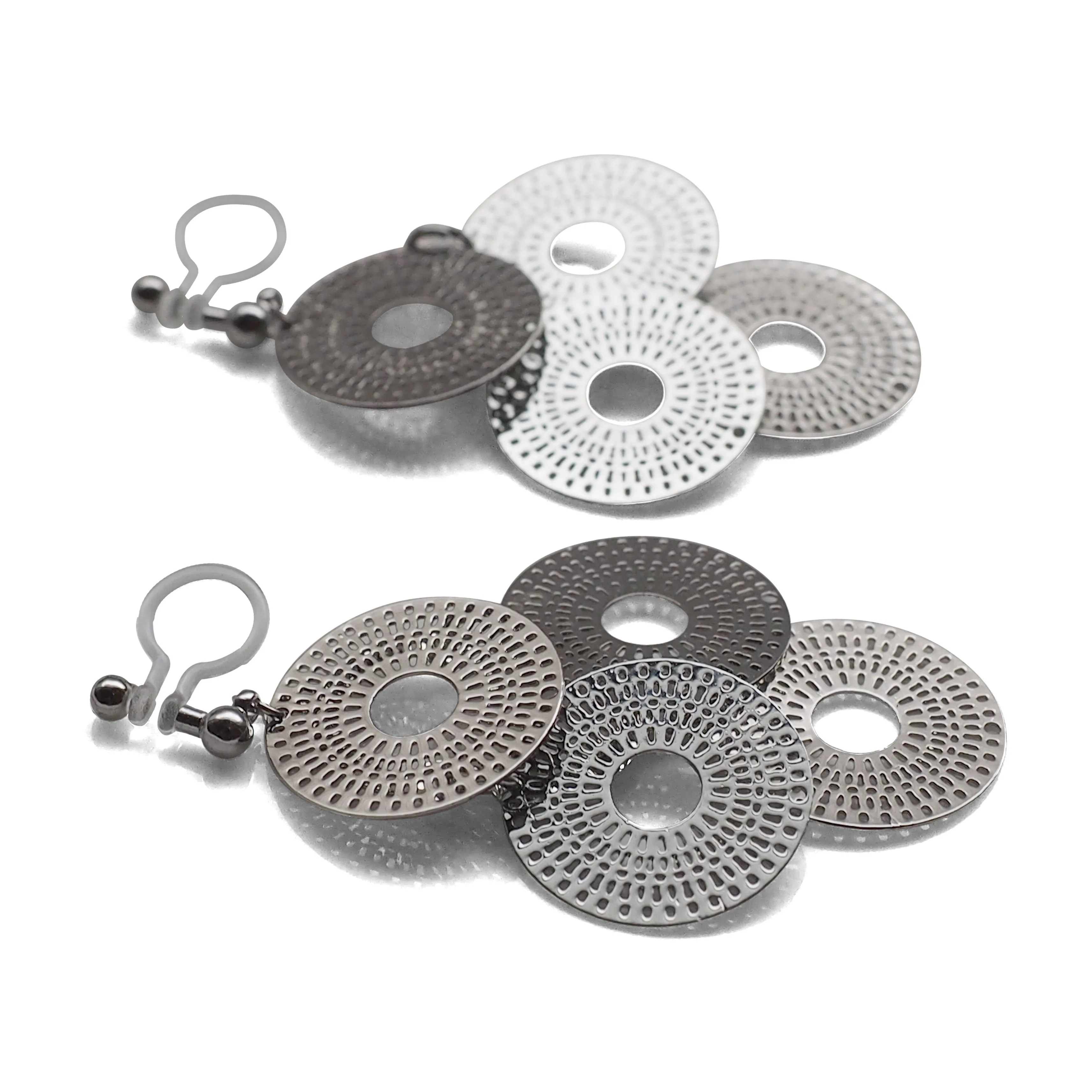 Dangle silver circle filigree invisible clip on earrings