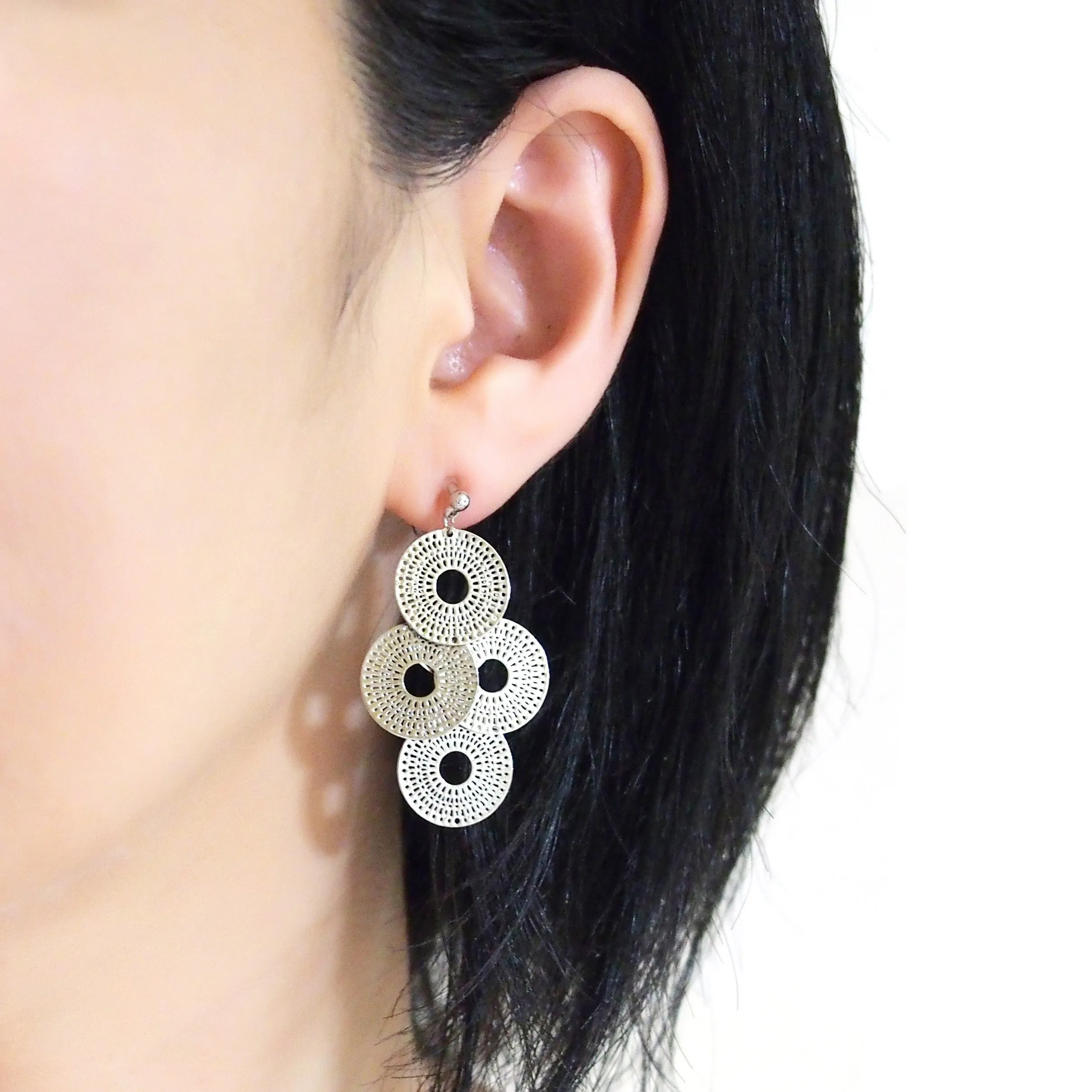 Dangle silver circle filigree invisible clip on earrings