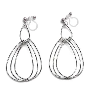 Dangle Silver Textured Pear Hoop Invisible Clip on Earrings