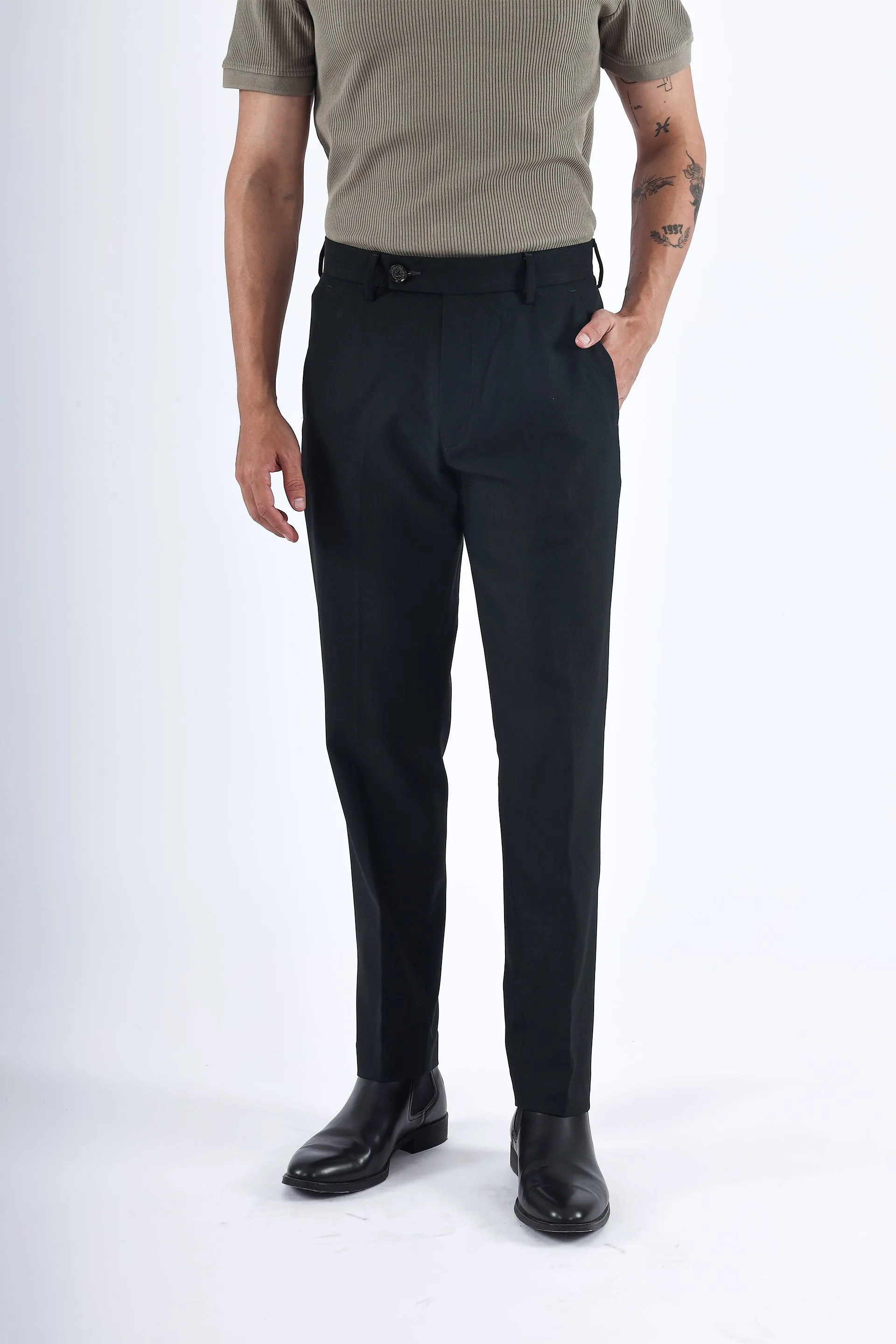 EASY IRON STRIPED FORMAL PANTS IN GREEN