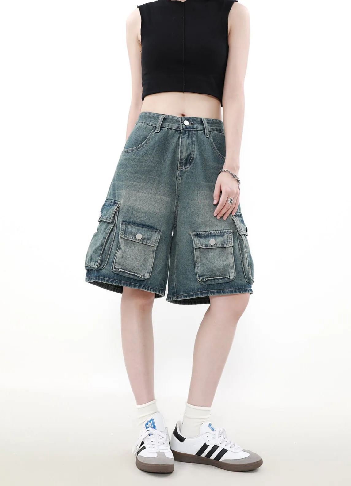 Faded Denim Cargo Shorts with Multiple Button Pockets