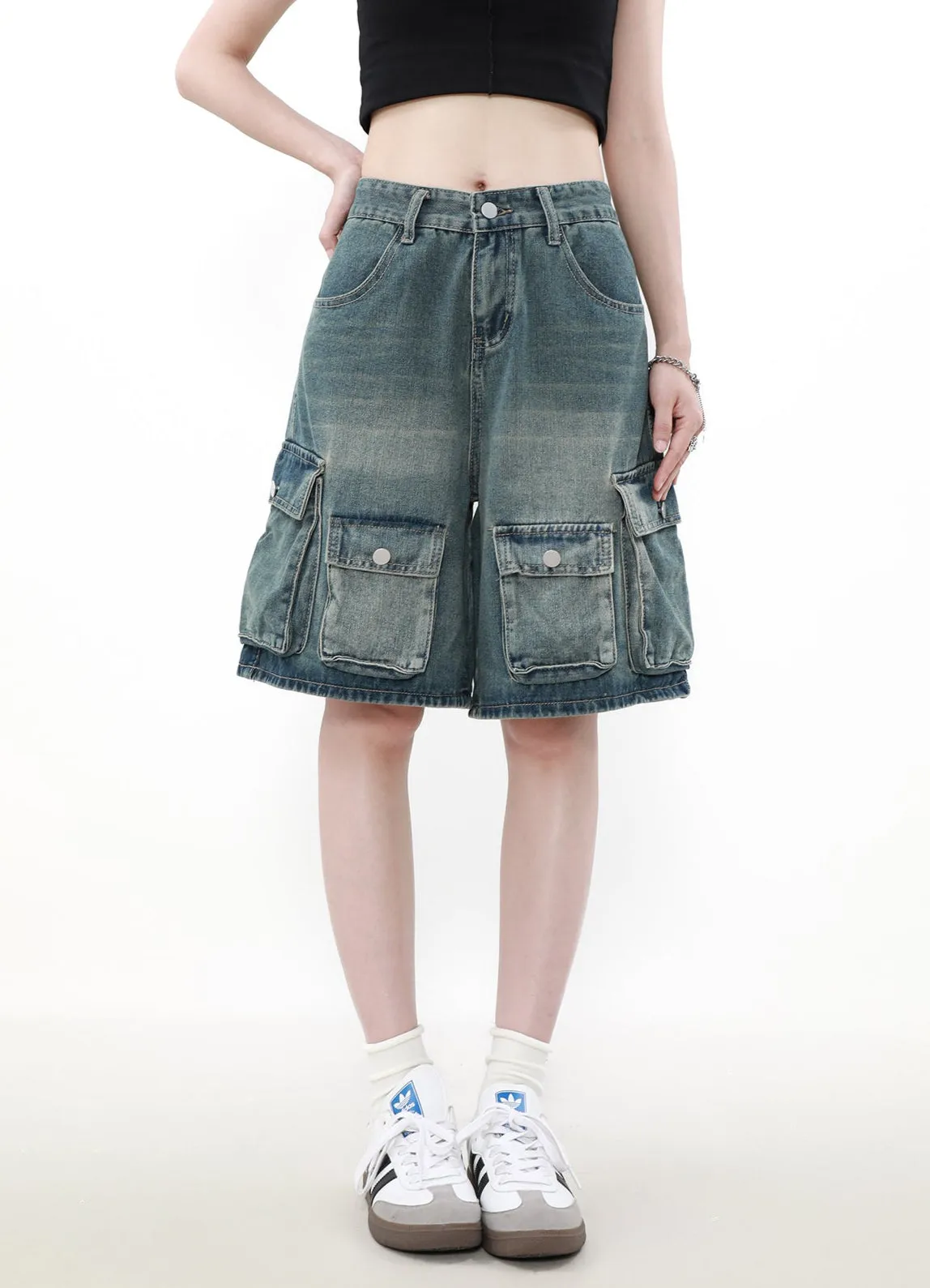 Faded Denim Cargo Shorts with Multiple Button Pockets