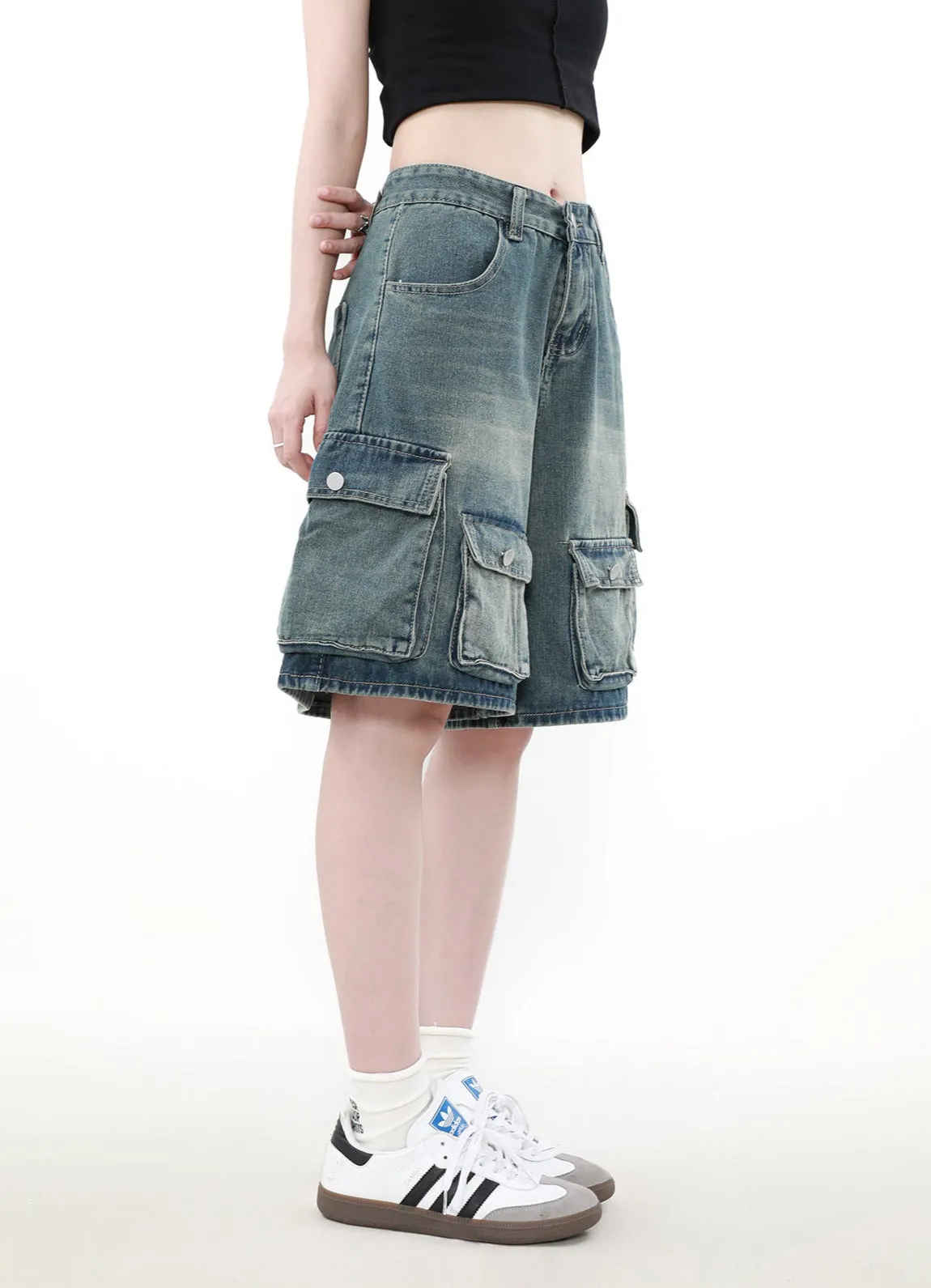 Faded Denim Cargo Shorts with Multiple Button Pockets
