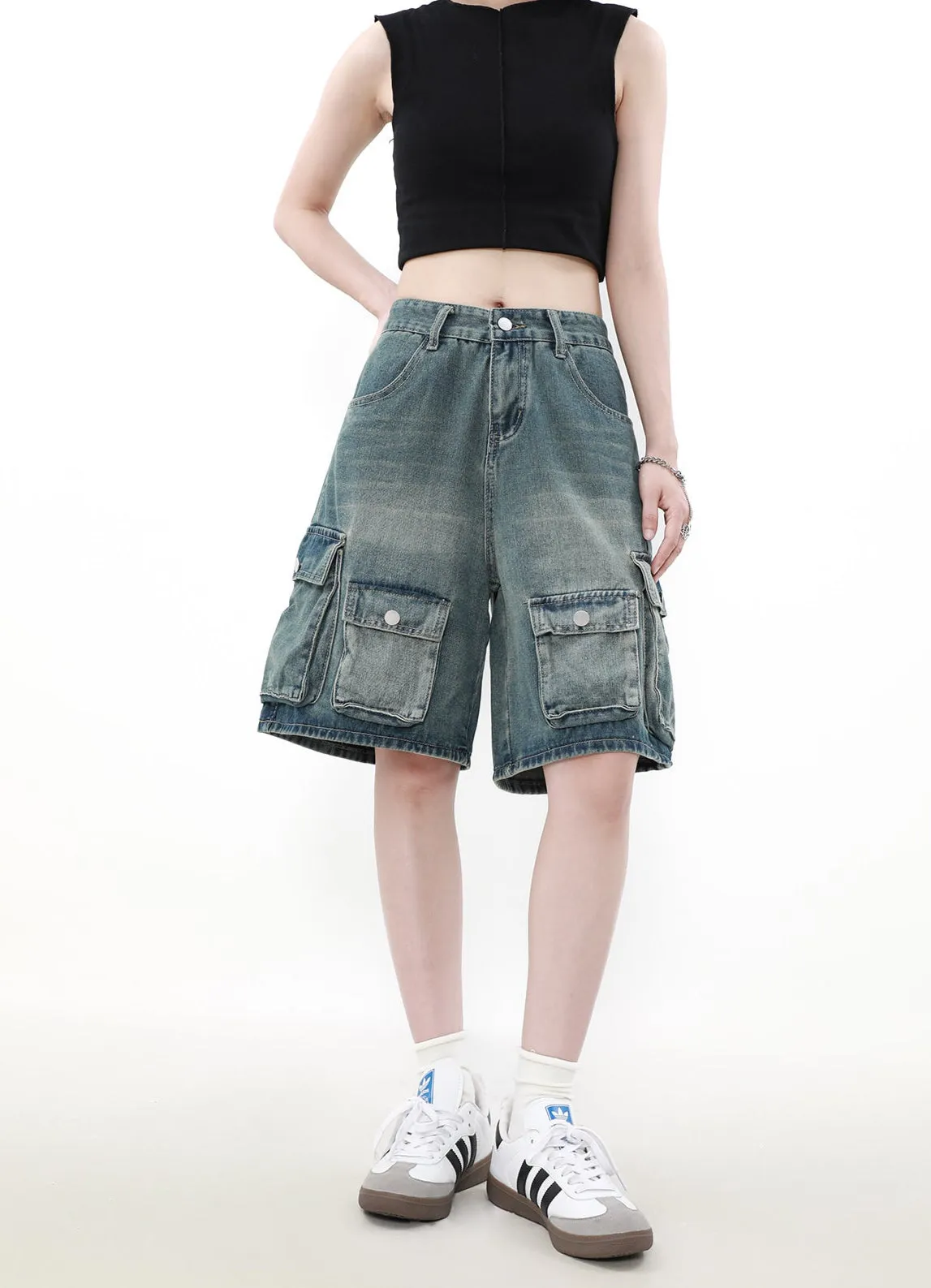 Faded Denim Cargo Shorts with Multiple Button Pockets