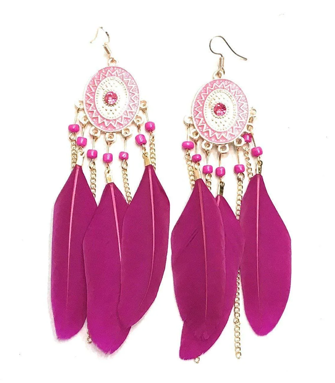 Fuchsia Feather Chandelier Earrings Gold Gypsy Boho Tribal Tassel - Pierced or Clip On