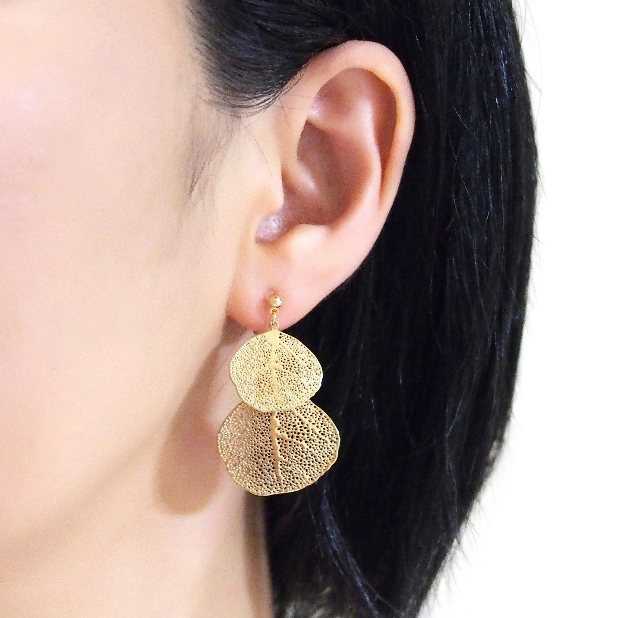 Gold two leaf filigree invisible clip on earrings