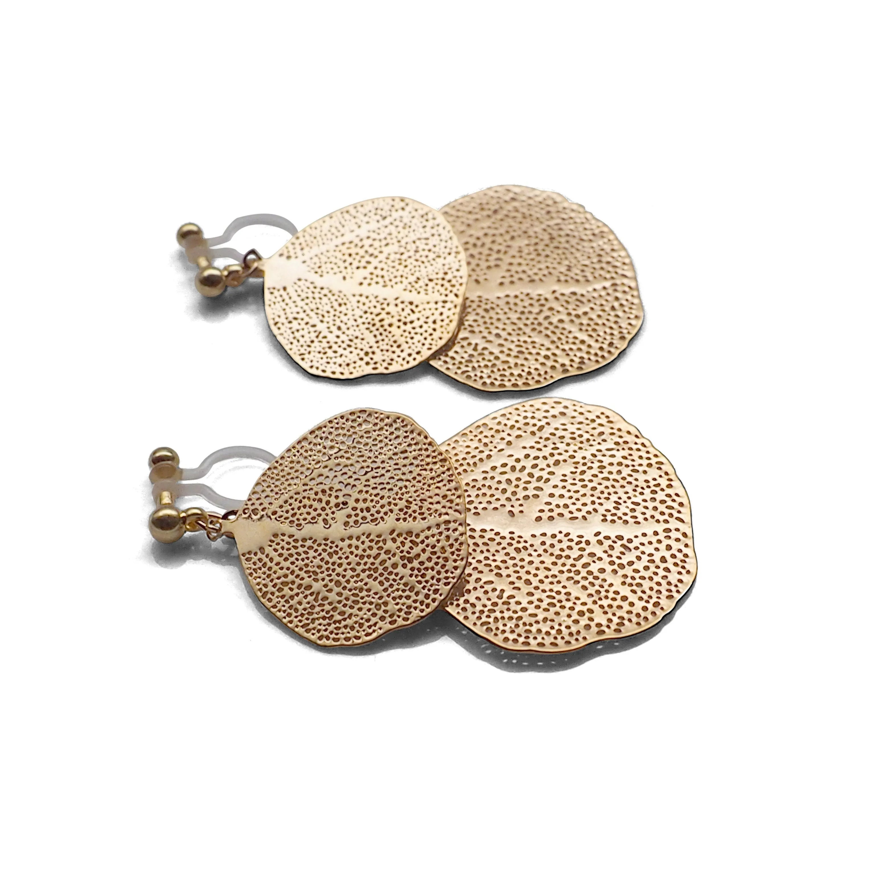 Gold two leaf filigree invisible clip on earrings