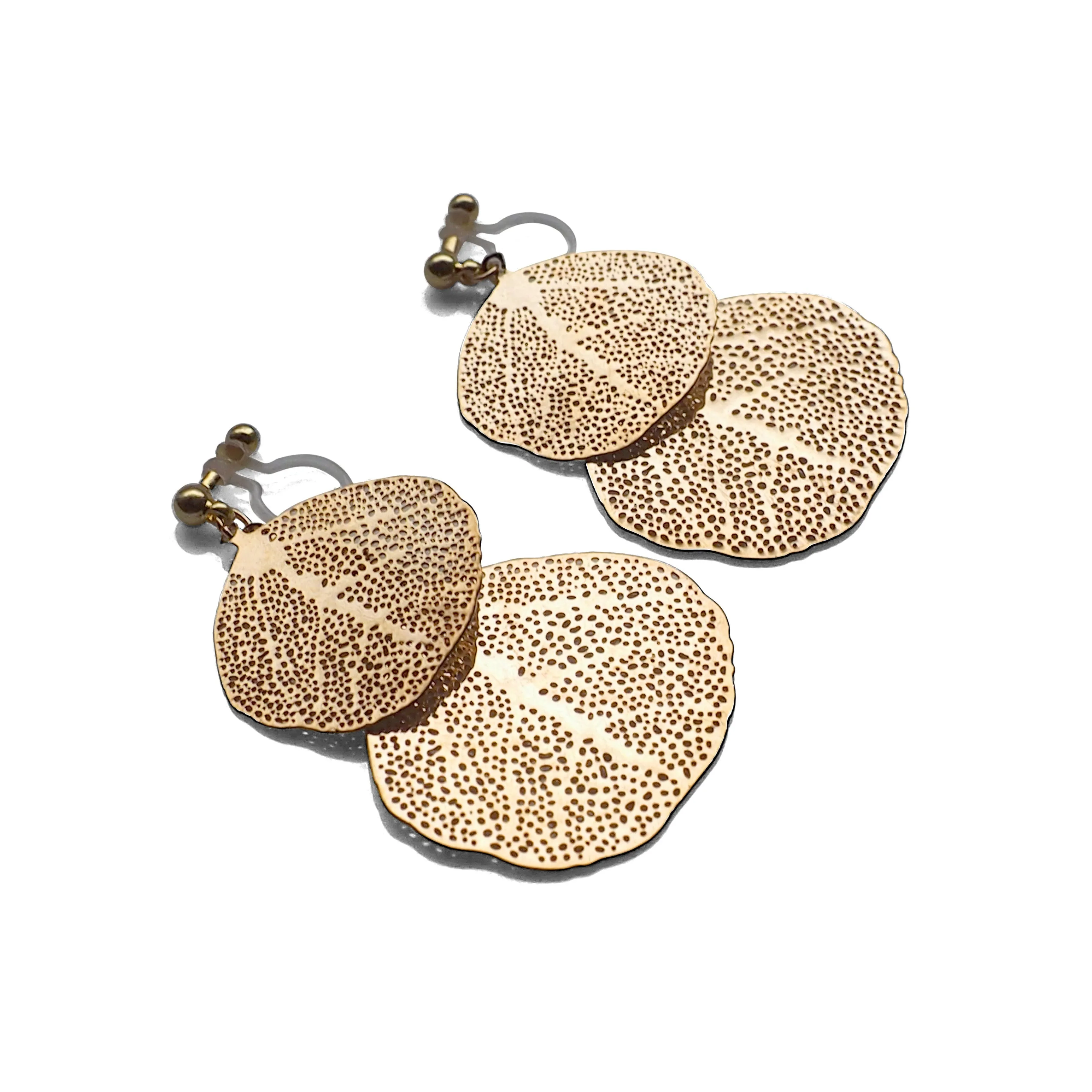Gold two leaf filigree invisible clip on earrings