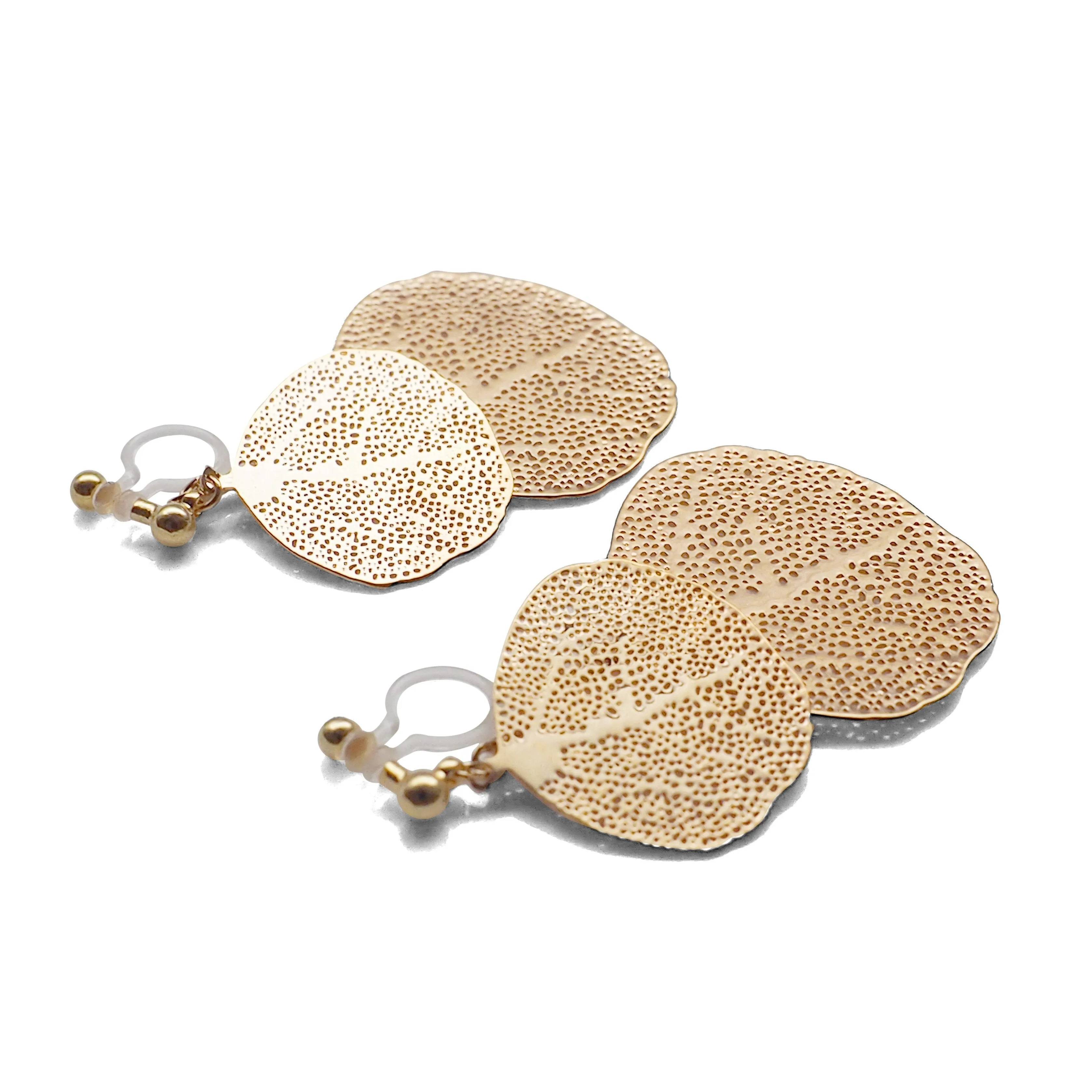 Gold two leaf filigree invisible clip on earrings