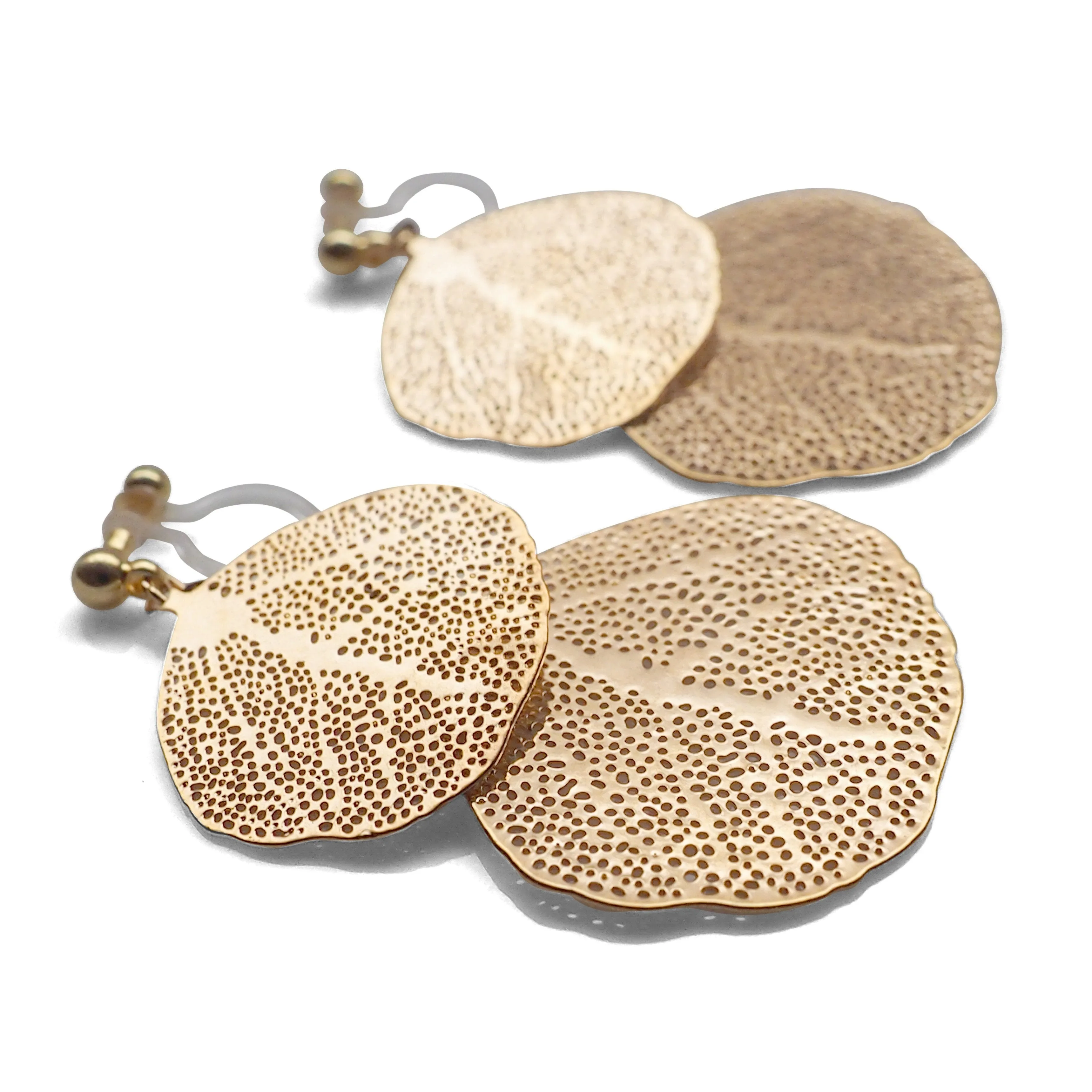 Gold two leaf filigree invisible clip on earrings