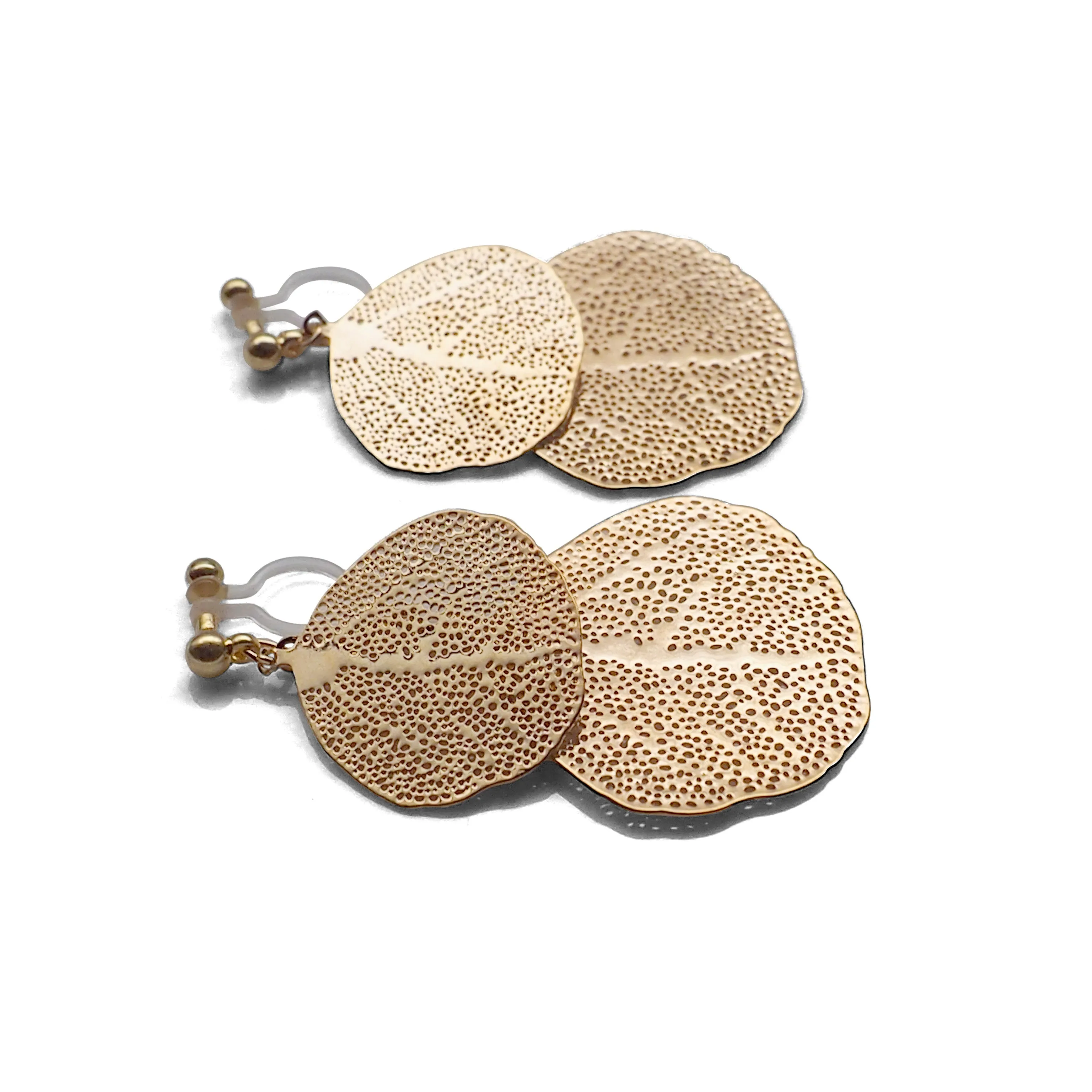 Gold two leaf filigree invisible clip on earrings