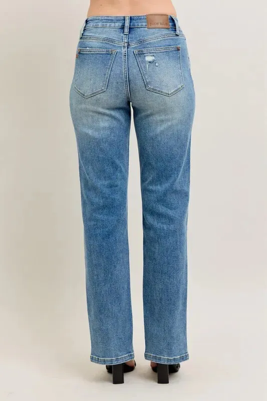 Judy Blue Full Size High Waist Vintage Wash Front Seam & Slit Straight Plus Size