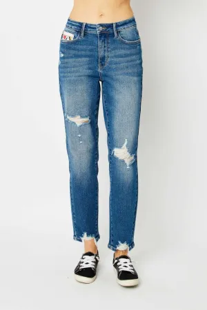 Judy Blue  Medium Blue Distressed Slim Jeans