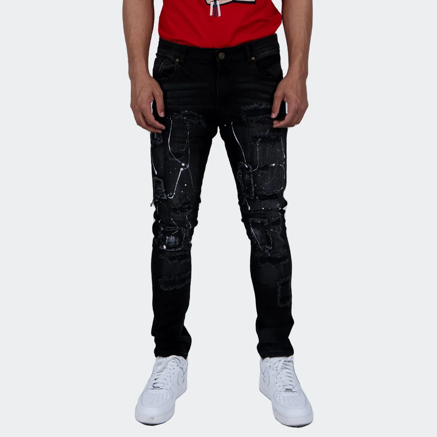 Men's TWO MILL TWENTY "Jackson" Slim Fit Distressed Denim Jeans Black Wash