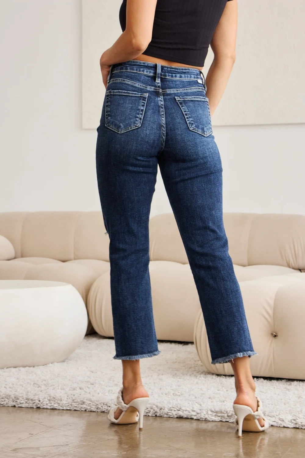 RFM Tummy Control Distressed High Waist Raw Hem Cropped Jeans