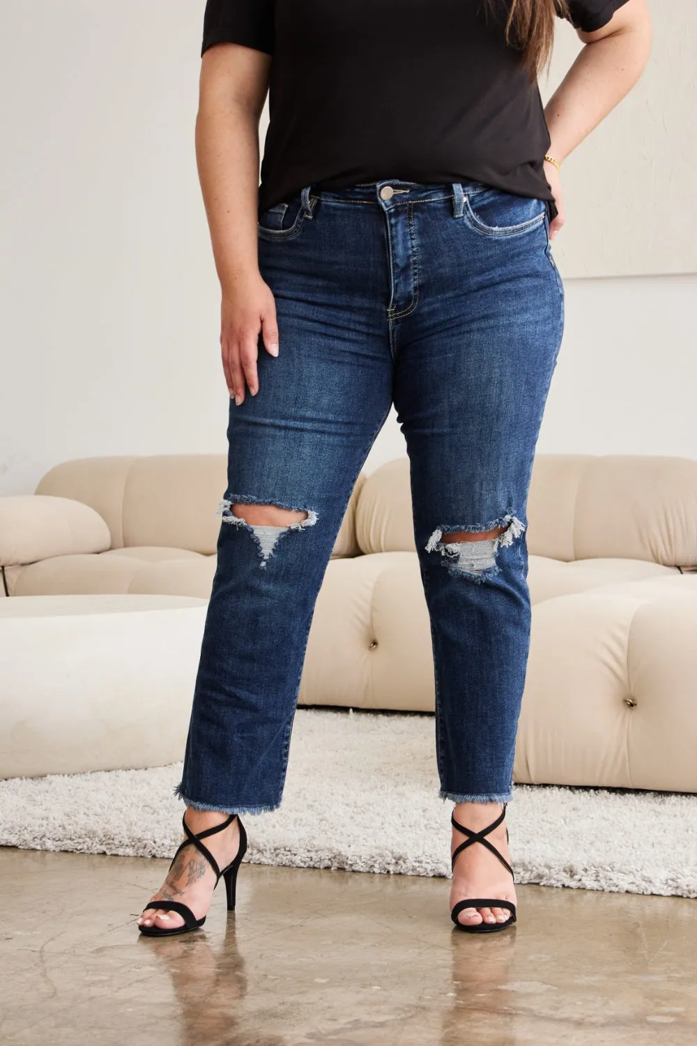 RFM Tummy Control Distressed High Waist Raw Hem Cropped Jeans