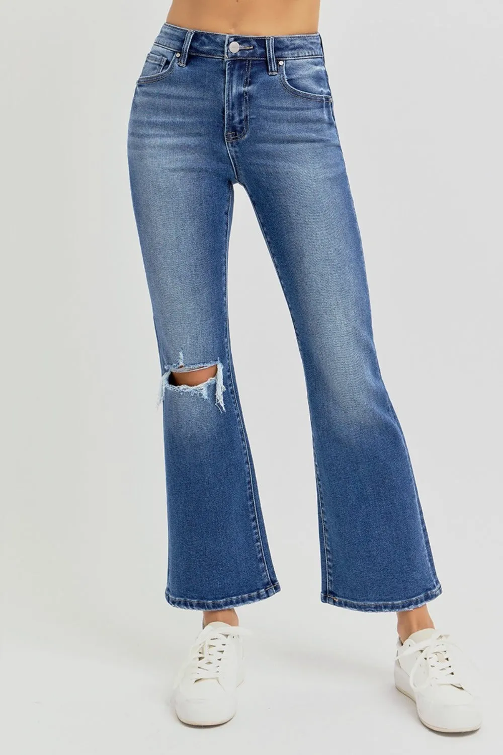 RISEN High Rise Distressed Knee Crop Flare Jeans