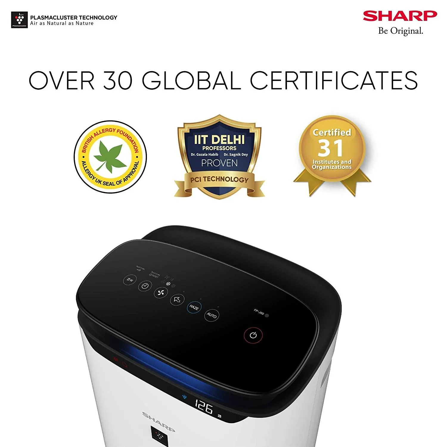 Sharp FP-J60M Air Purifier | 520 Sq Ft Coverage | H14 True HEPA Filter | Plasmacluster Technology | PM2.5 Display | Dual Purification | White