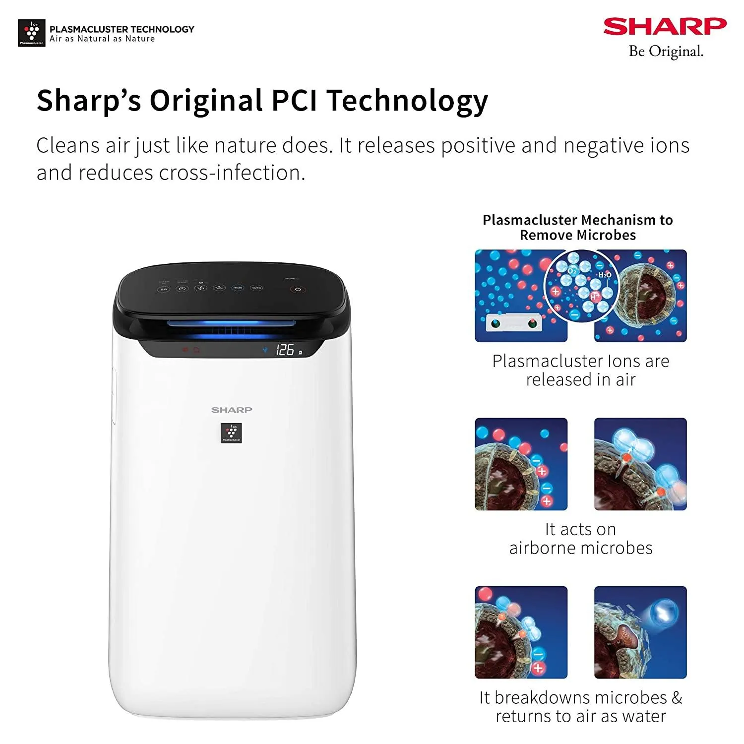 Sharp FP-J60M Air Purifier | 520 Sq Ft Coverage | H14 True HEPA Filter | Plasmacluster Technology | PM2.5 Display | Dual Purification | White