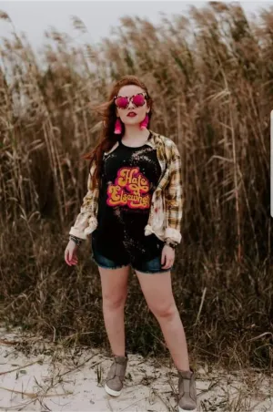Southern Bliss Hand Bleach-Distressed Cotton Plaid Button Down Shirt (MUSTARD)